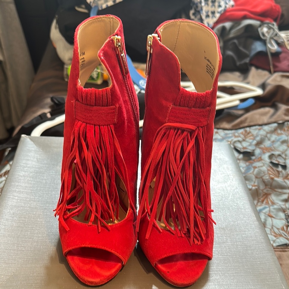 Red Fringe Open-Toe Women's Shoes